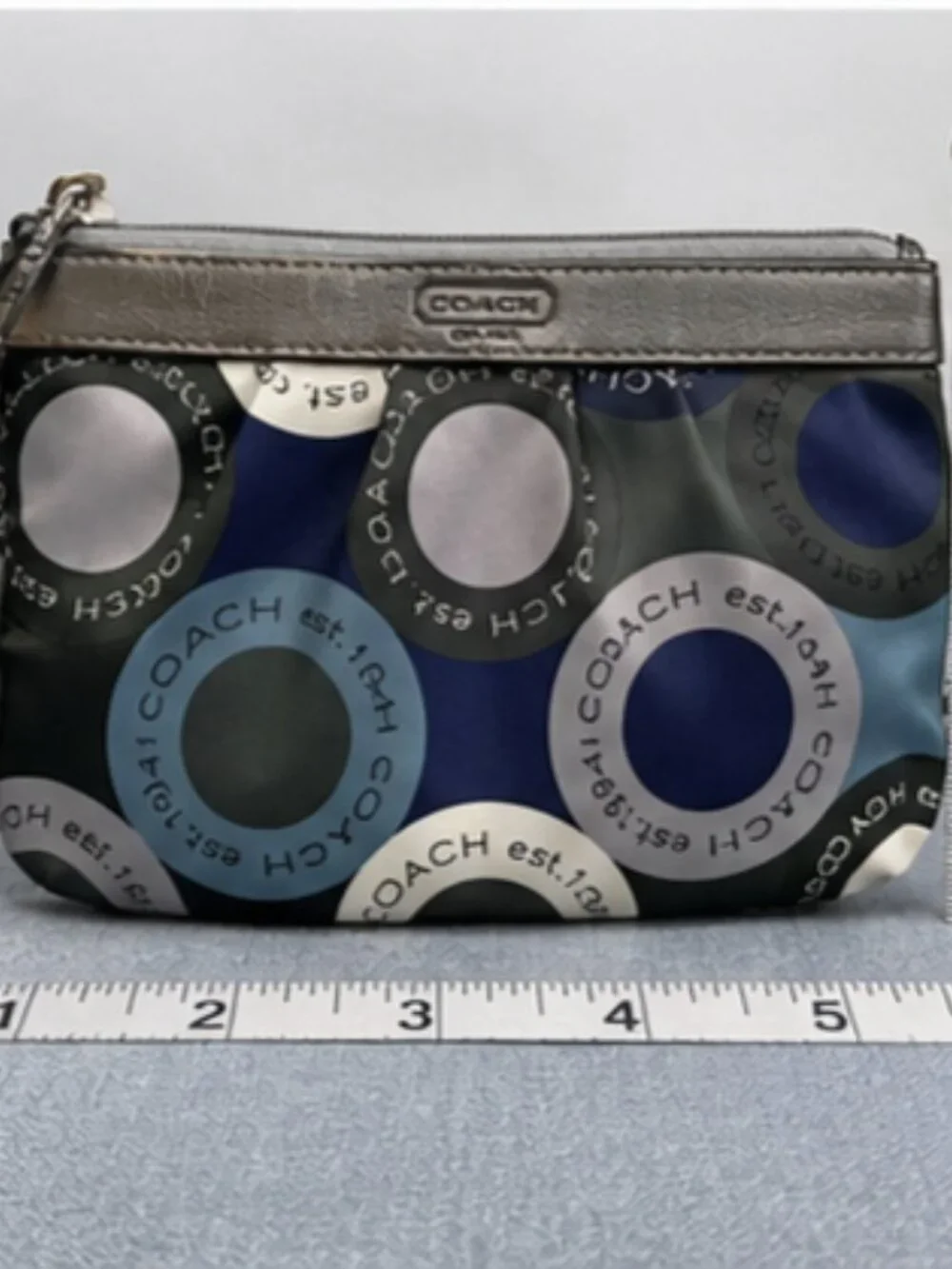 Coach Multicolor Dot Print Wristlet Pouch Gray Blue Silver Zip Clutch